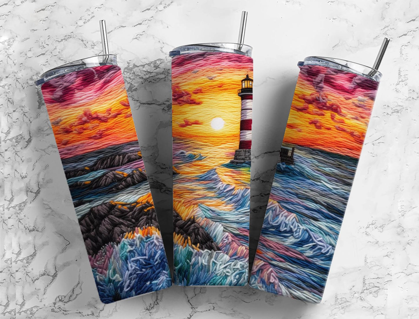Lighthouse Embroidery Skinny Tumbler
