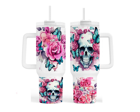 Skull Flowers Butterfly Quencher 40 oz Stainless Steel Tumbler