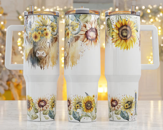 Sunflower Cow Quencher 40 oz Stainless Steel Tumbler