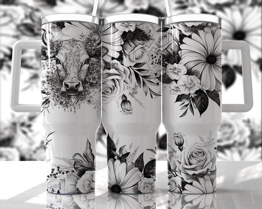 Black and White Cow Flowers Quencher 40 oz Stainless Steel Tumbler