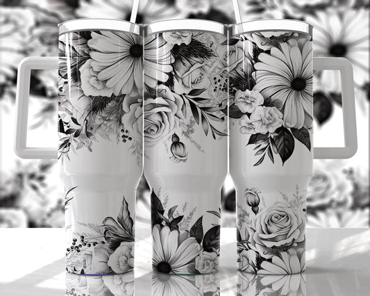 Black and White Flowers Quencher 40 oz Stainless Steel Tumbler