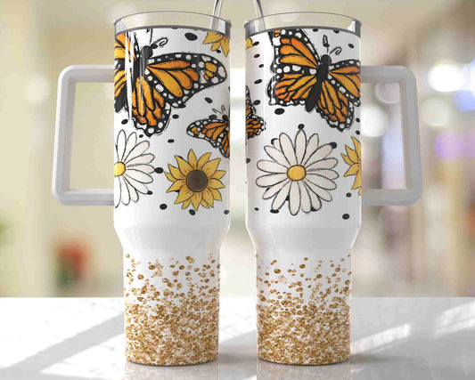 Butterfly and Sunflower Quencher 40 oz Stainless Steel Tumbler