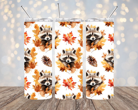 Raccoon Fall Leaves Skinny Tumbler